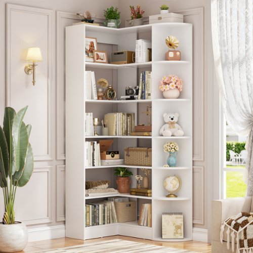 Aheaplus - 6-Tier Corner Bookshelf, 71'' Tall L-Shaped Bookcase with 13 Shelves for Home & Office - White-Front_Standard 