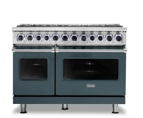 The image features a large blue oven with a stainless steel top and a row of 12 oven lights. The oven is likely a Viking brand, as the text on the image suggests. The oven is designed for commercial use and has a stainless steel finish, making it suitable for professional kitchens. The oven lights provide illumination for the interior, ensuring even cooking and easy access to the oven's interior.