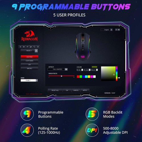 REDRAGON M910-K Wired Gaming Mouse, 8000 DPI Optical Sensor, RGB, 9 Programmable Macro Buttons, Fire Button for PC/Mac/Laptop - Wired - Black GLOBAL SHIPPING