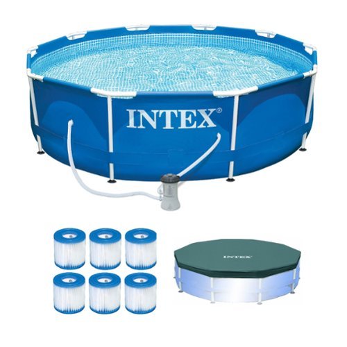  Intex - Metal Frame Pool w/ Pump &amp; Type H Filters (6 Pack) &amp; 10 Round Pool Cover - Blue