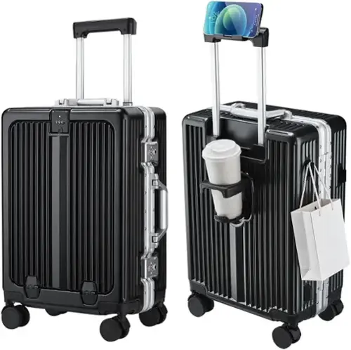 Front. Quick Deer - 20 Inch Carry On Luggage with Front Pocket, Aluminum Frame Hardshell Suitcase with Spinner Wheels and Cup Holder - Black.