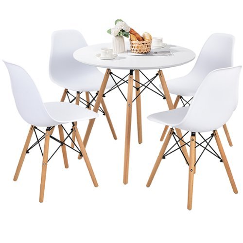 Costway Dining Table Set Modern 5 PCS For 4 Round Dining Room Table Set W/Solid Wood Leg - White