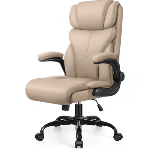 Brick Attic - Office Chair, Ergonomic Computer Desk Chairs, Executive Leather Chair with Adjustable Flip-up Armrests, Rocking Function - Khaki-Front_Standard 