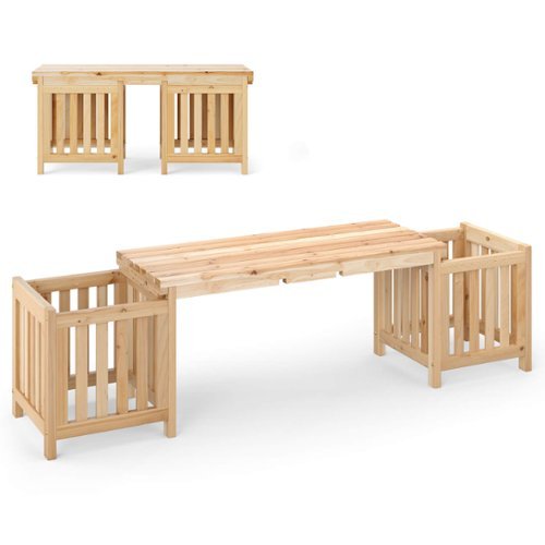  Costway - Patio Wooden Bench with Planter 2 Side Flower Box Slot Design for Easy Assembly - Beige