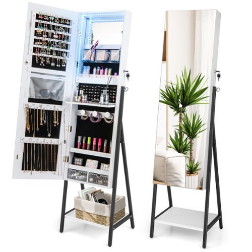 Costway Jewelry Cabinet Armoire 3 Color LED Modes Full-Length Frameless Mirror Lockable - White