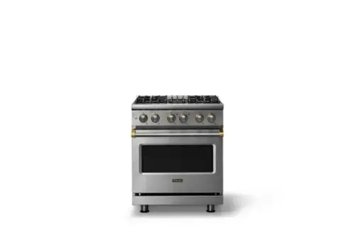 Front. Viking - 30"W. Pro5S 4.7 Cu.Ft. Freestaning Sealed 4 Burner Dual Fuel Convection Range - Stainless Steel/Brushed Brass - Stainless Steel.