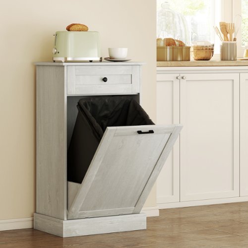 Homcom - Kitchen Tilt Out Trash Bin Cabinet Free Standing Recycling Cabinet Trash Can Holder With Drawer - Light Gray-Front_Standard 