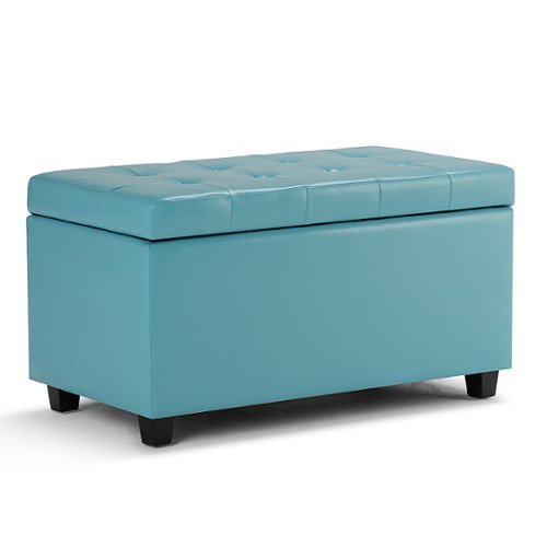 Simpli Home - Cosmopolitan Rectangular Wood / Faux Leather Ottoman With Inner Storage - Soft Blue