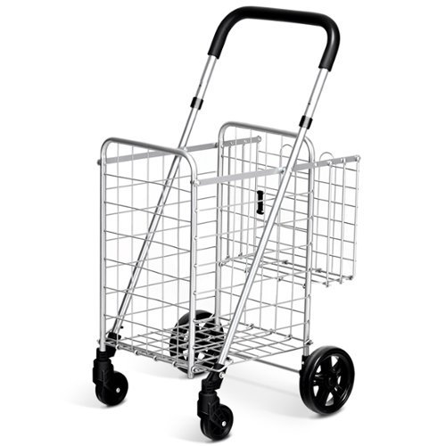 Costway - Folding Shopping Cart Jumbo Basket Rolling Utility Trolley with Adjustable Handle - Silver