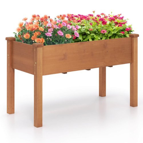 Costway - Raised Garden Bed Elevated Fir Wood Planter Box w/ Drain Hole Garden Planter - Brown-Front_Standard 