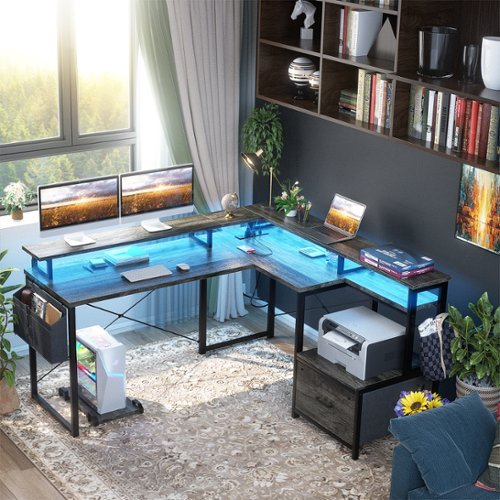 Aheaplus - L-shaped Computer Desk with Drawers, Power Outlets, and LED Lights, Reversible Gaming Desk with Monitor Stand - Gray Oak-Front_Standard 
