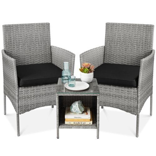 Best Choice Products - 3-Piece Outdoor Wicker Conversation Patio Bistro Set, w/ 2 Chairs, Table - Gray/Black-Front_Standard 