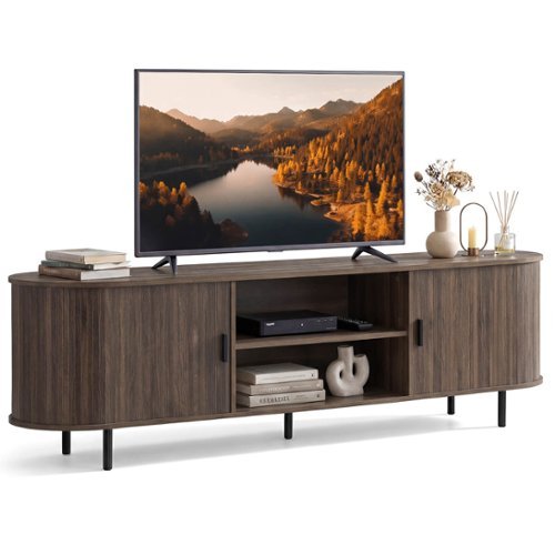 Costway - TV Stand for 80" TVs with Fluted Sliding Doors & Open Shelves for Living Room - Walnut-Front_Standard 