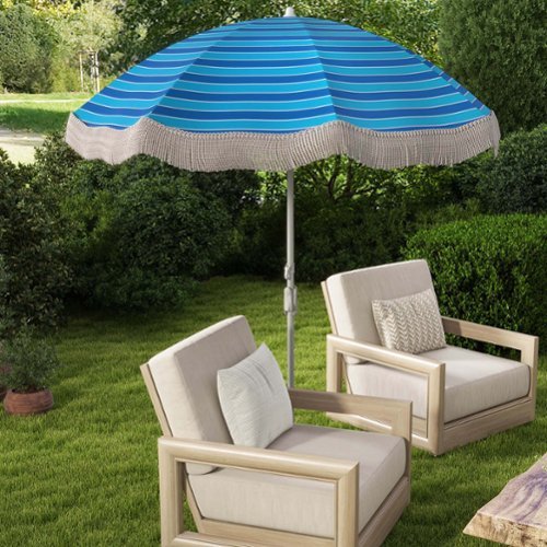 Costway 6.5 FT Outdoor Fringe Patio Umbrella with Carrying Bag Push Button Tilt for Garden - Navy