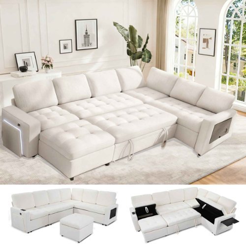 Dyonery - 7-Seat Modular Sectional Sleeper Sofa with Pull-Out Bed, Reclining Backrest, USB Ports, Table, LED Lights ,White - Beige-Front_Standard 