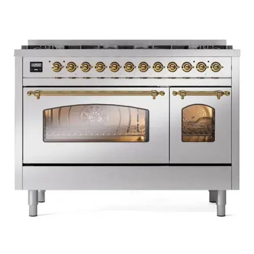 Front. ILVE - ILVE Nostalgie II 48 inch Dual Fuel Range with 8 Black Brass Sealed Burners (Limited Edition) (Stainless Steel, Brass) - Stainless Steel.