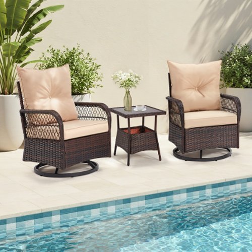 U-HOMY - 3-Piece Outdoor Swivel Rocking Chair Patio Set with Cushions & Coffee Table, PE Rattan Furniture - Beige-Front_Standard 