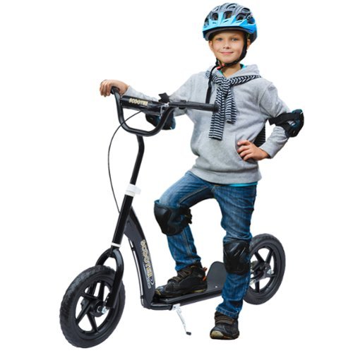 Homcom - Kick Scooter for kids 5-12, big wheel, adjustable height handlebar, non-slip footplate, rear brake - Black-Front_Standard 