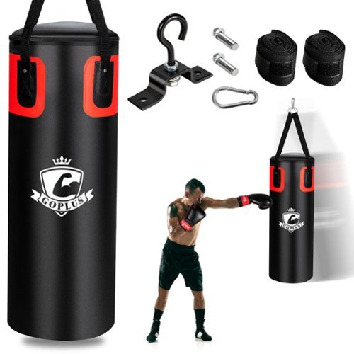 Costway - 56Lbs Filled Punching Bag Set Kickboxing MMA Thai Training w/ Hand Wraps Hanger - Black,Red,White-Front_Standard 