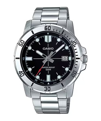 Casio - Men’s Stainless Steel Watch with Black Dial - MTP-VD01D-1EVUDF - Silver-Front_Standard 