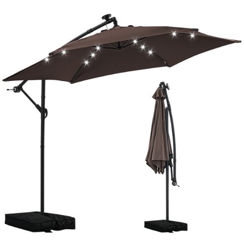 Ainfox - 10FT Solar LED Outdoor Patio Yard Offset Umbrella with Cross Base for Market,Garden,Deck,Backyard,Pool,with light - coffee-Front_Standard 