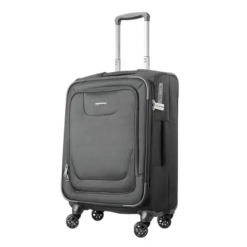 Front. Amazon - AMAZON BASIC CARRY ON LUGGAGE SOFTSIDE SUITCASE TSA LOCK 8 SPINNER WHEELS BLACK - Black.