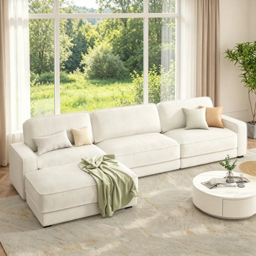 Dyonery - 119" L Shaped Couch Modular Sectional Sleeper Sofa, CHENILLE Fabric, , Tool-Free Assembly,Beige - Beige-Front_Standard 