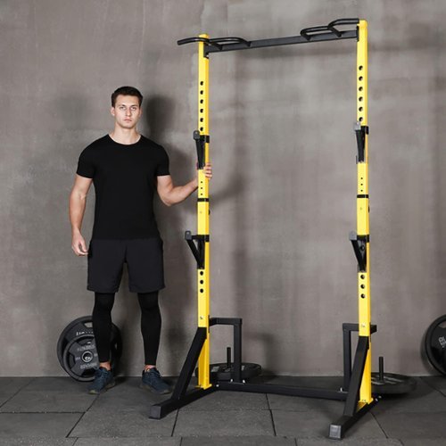 KERDOM - Height Adjustable Power Rack with Pull up Bar Muscles Trainer, Power Tower Pull Up Dip Station Heavy Capacity 700lbs - Yellow-Front_Standard 