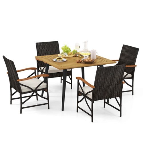 Costway - 5 PCS Patio PE Wicker Dining Set Table and Chairs with Cushions 1.9" Umbrella Hole - Mix Brown + Off White-Front_Standard 