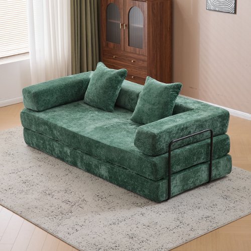 Anysun - Chenille Convertible Floor Sofa Bed with Pillow Support & Armrest - Compression Couch Sleeper for Living Room & Bedroom - Green-Front_Standard 