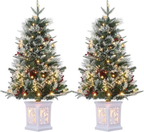 GARVEE - 2 Pack 3FT Prelit Christmas Tree Flocked Snow 78 Warm White LED Lights 8 Lighting Modes with Vintage Potted Base - Green-Front_Standard 