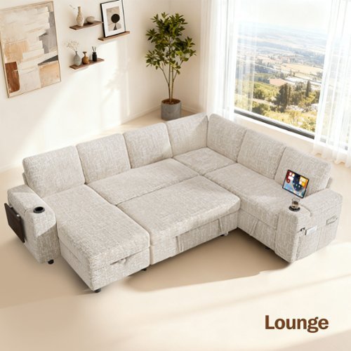 Dyonery - 110-inch 7-seater sofa with a pull-out bed, adjustable backrest, storage space, Chenille beige - Beige-Front_Standard 
