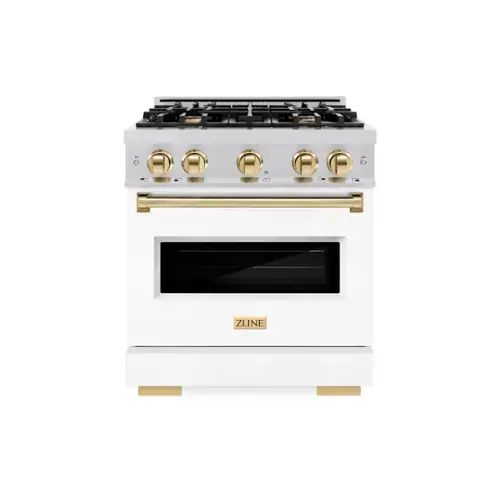 Front. ZLINE - Autograph 30" Classic Gas Range with 4 Burners and Gold Accents (CGRZ-WM-30-G) - White.