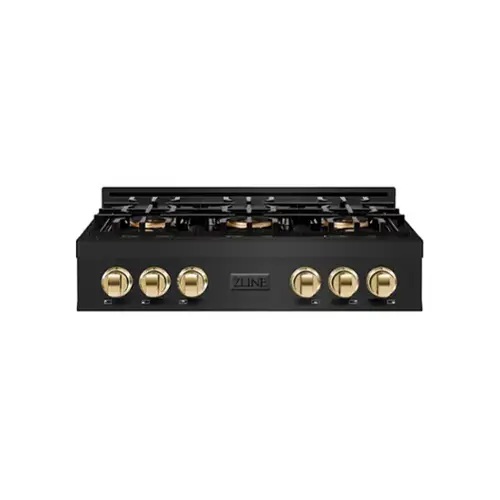Front. ZLINE - ZLINE Autograph 36 in. Black Stainless Classic Rangetop with 6 DuoPro Burners and Gold Accents (PCRTBZ-36-G) - Black Stainless Steel.