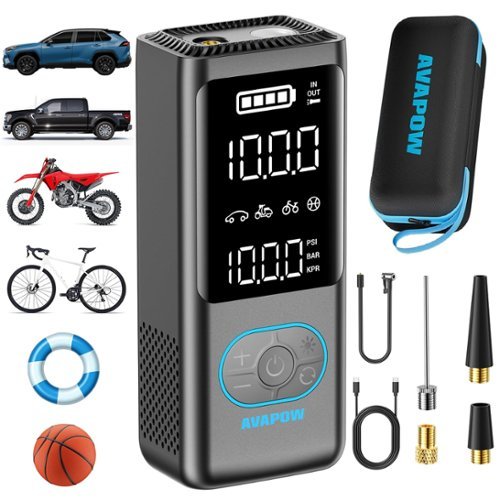 AVAPOW - Tire Inflator Portable Air Compressor, 150 PSI Cordless Car/Motorcycle/Bike Pump with Gauge, 3.7″ LCD, Auto-Off-Front_Standard 