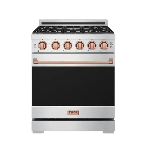 Front. Thor Kitchen - Gordon Ramsay Series by Thor Kitchen 4.55 Cu. Ft Freestanding Gas Range with Rose Gold Hardware - Stainless Steel.