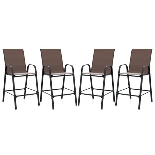 Gymax - 4PCS Outdoor Bar Stools 29'' Fabric Bar Height Stools w/ Armrests & Footrest - Brown-Front_Standard 