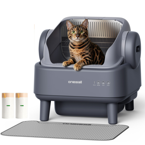 Oneisall - Large Self-Cleaning Automatic Cat Litter Box : 4 Layer Safety Sensor, Washable Liner, Open Top, 11L Bin, 40 Waste Bags - Gray-Front_Standard 