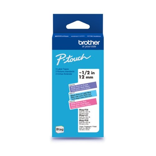 Brother - P-touch Btag BTAG-3M02 3-Pack Label Tape, 1/2" x 13.1’ (12mm x 4m), White on Purple, Black on Light Blue, White on Pink