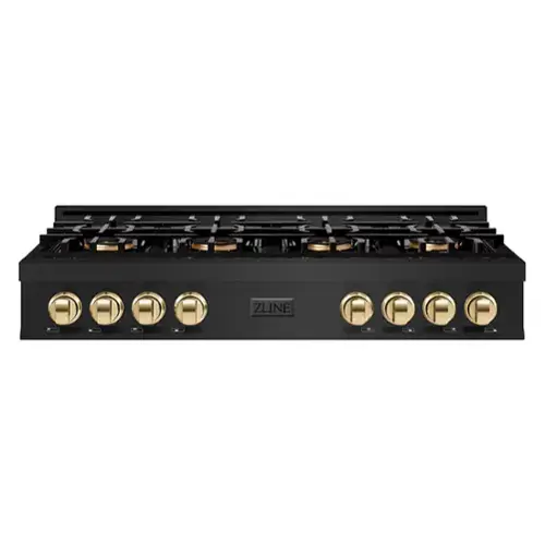 Front. ZLINE - ZLINE Autograph 48 in. Black Stainless Classic Rangetop with 8 DuoPro Burners and Gold Accents (PCRTBZ-48-G) - Black Stainless Steel.