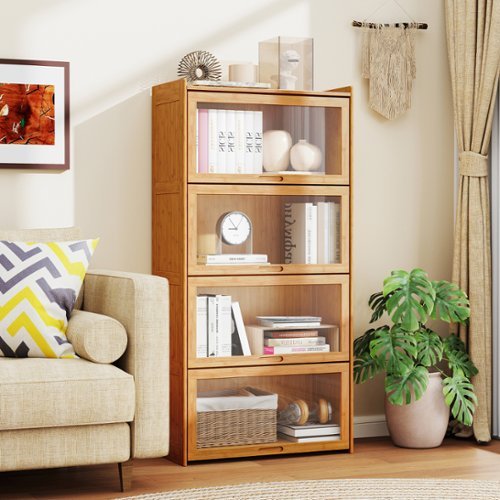 Gymax 4 Tier Bamboo Bookshelf w/Doors See through Acrylic Doors