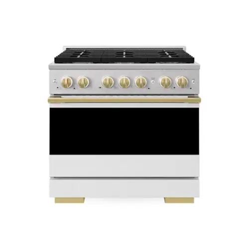 Front. ZLINE - Autograph 36 in. 5.2 cu. ft. Marino Dual Fuel Freestanding Range with 6 Gas Burner Cooktop with White & Gold Accents - White Matte.