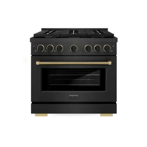Front. ZLINE - ZLINE Designer 36 in. 5.2 cu. ft. Manual Clean Freestanding Gas Range in Black Satin Steel with Black and Bronze Accents - Black Satin Stainless Steel.