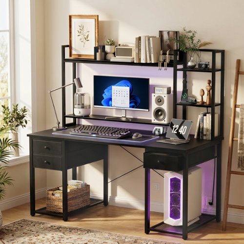 Aheaplus - Computer Desk with Hutch, Gaming Desk with Drawers, LED Lights, Outlets, and Monitor Stand - Black-Front_Standard 