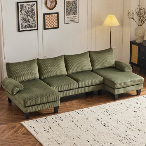Winado - 111" Sectional Couches Corduroy Upholstery U-Shape 4 Seat Sofa Set with Double Chaises & Wood Grain Legs for Living Room - Green-Front_Standard 