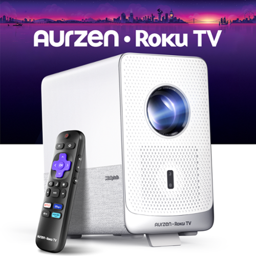 Aurzen - Smart Projector Roku TV Built-in, Roku Streaming Experience, 1080P FHD, Sealed Optical Engine, Dolby Audio - White-Front_Standard 