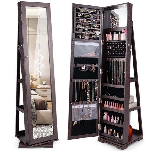 Costway 360° Rotatable Jewelry Cabinet Armoire 2-in-1 Lockable Mirrored - Dark Brown