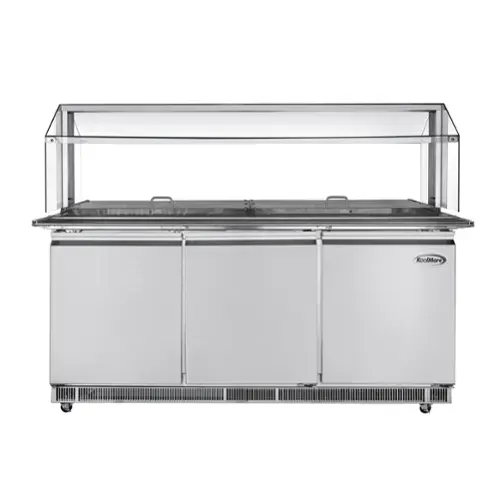 Front. Koolmore - 72 in. Refrigerated Prep Station with Sneeze Guard and Buffet Slide, 15-Pan (Not Included) Capacity 3 Adjustable Shelves - Stainless-Steel.