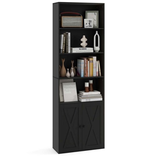 Costway - 71" Farmhouse Bookcase with Doors with 6 Shelves & 2-Door Cabinet for Bedroom - Black-Front_Standard 