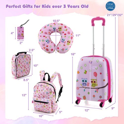 Costway 5 PCS Kids Luggage Set with Backpack Neck Pillow Luggage Tag Lunch Bag Wheels - Light Pink GLOBAL SHIPPING